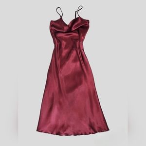 BEBE SATIN COWL NECK SLIP MIDI DRESS